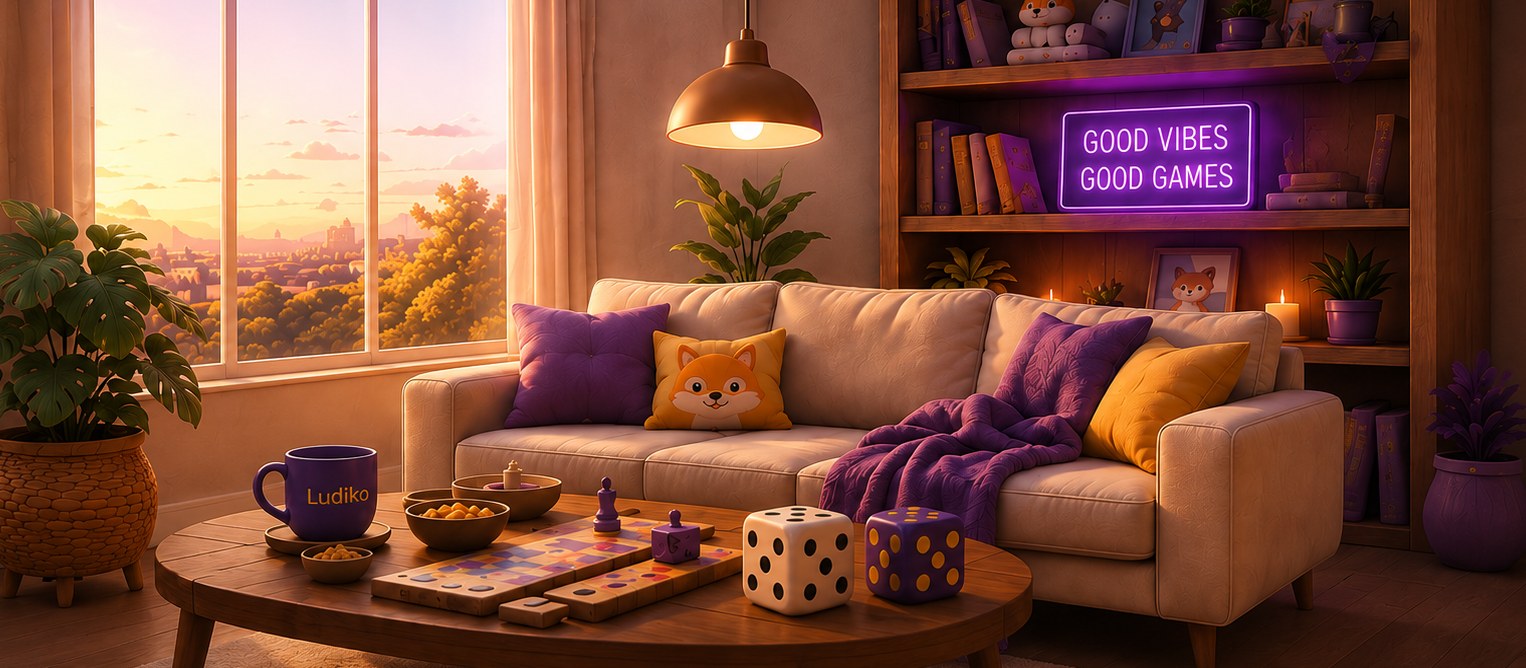 A cosy living room ready for a game night, with dice on the coffee table