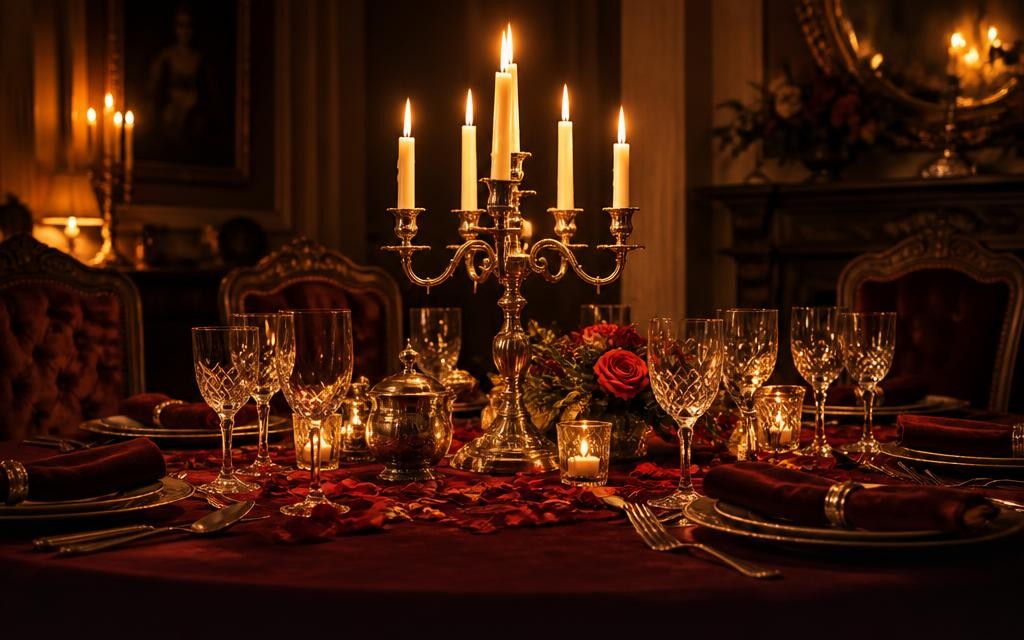 Candlelit dinner table for a murder mystery party