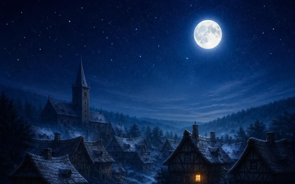 Sleeping village under the moon for a game of Werewolf
