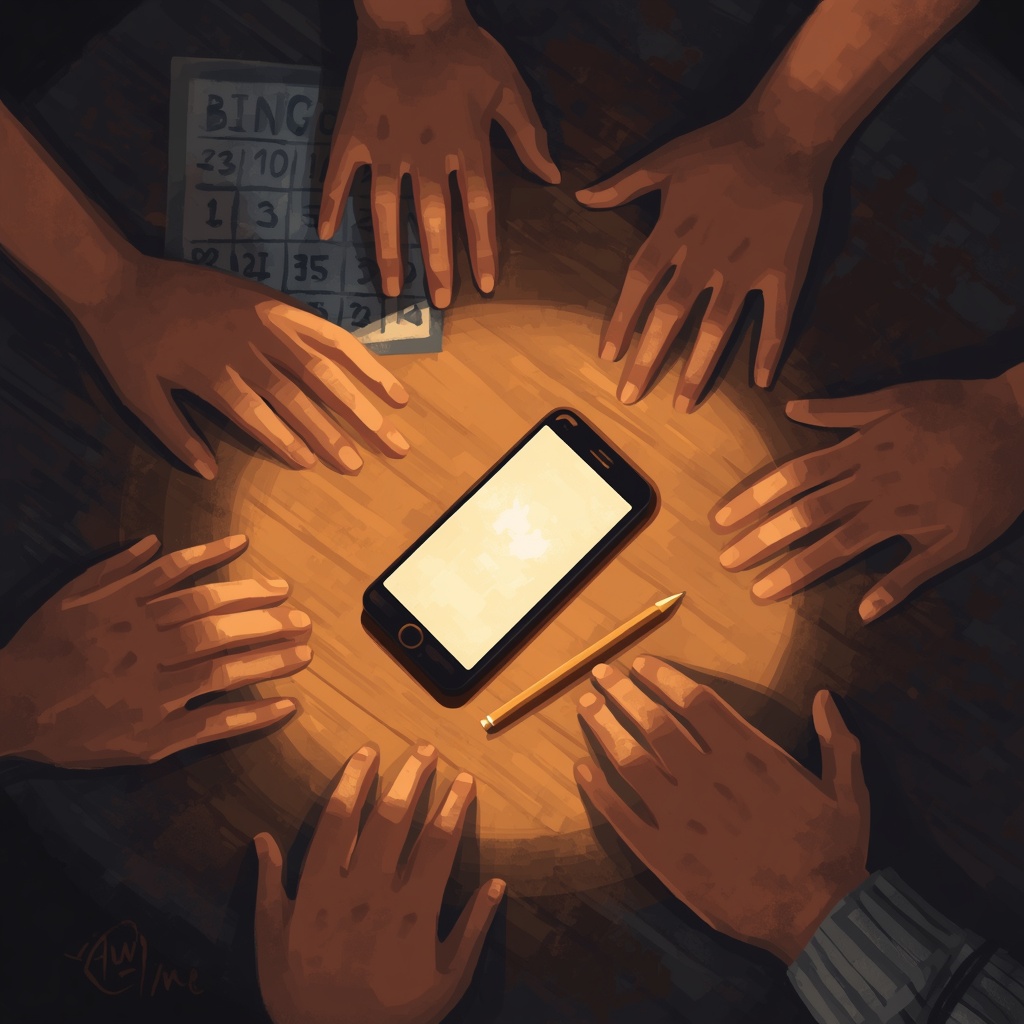 Hands of friends around a phone on a table