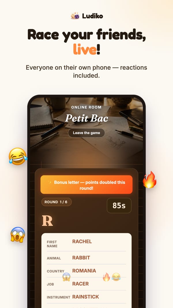 Ludiko app screen during a live game of Petit Bac