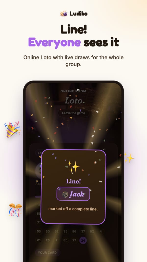 Line win screen during an online bingo game on Ludiko