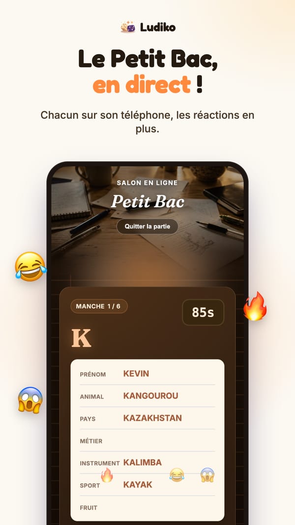 Écran de l'appli Ludiko pendant une partie de Petit Bac en direct