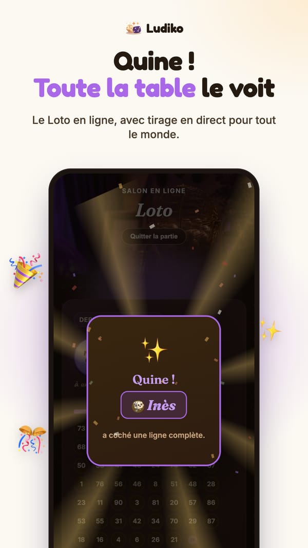 Écran « Quine ! » pendant un loto en ligne sur Ludiko